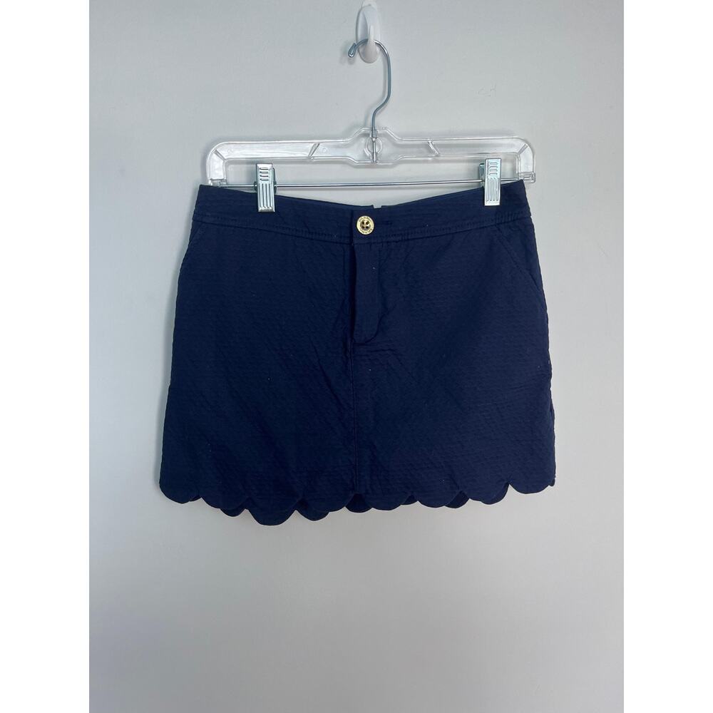 Lilly Pulitzer Scallop Hem Mini Skirt Women 0 Navy Blue‎ Textured Cotton Blend